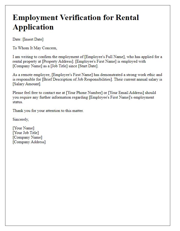 Letter template of rental application employment verification for remote employees