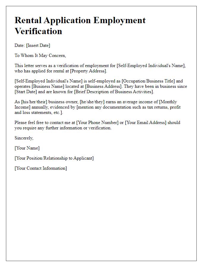 Letter template of rental application employment verification for self-employed individuals