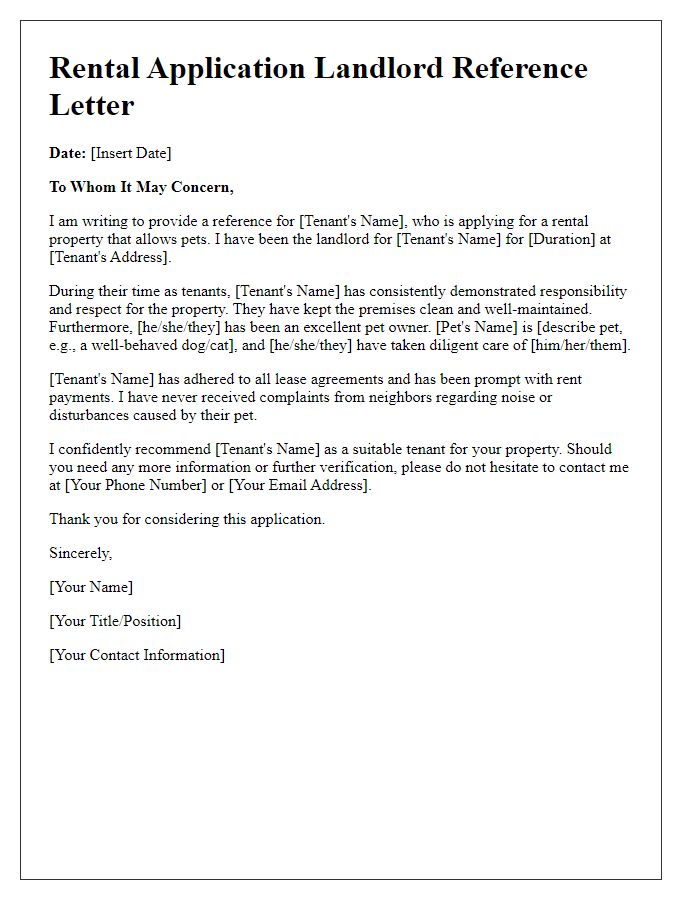 Letter template of rental application landlord reference for pets allowed