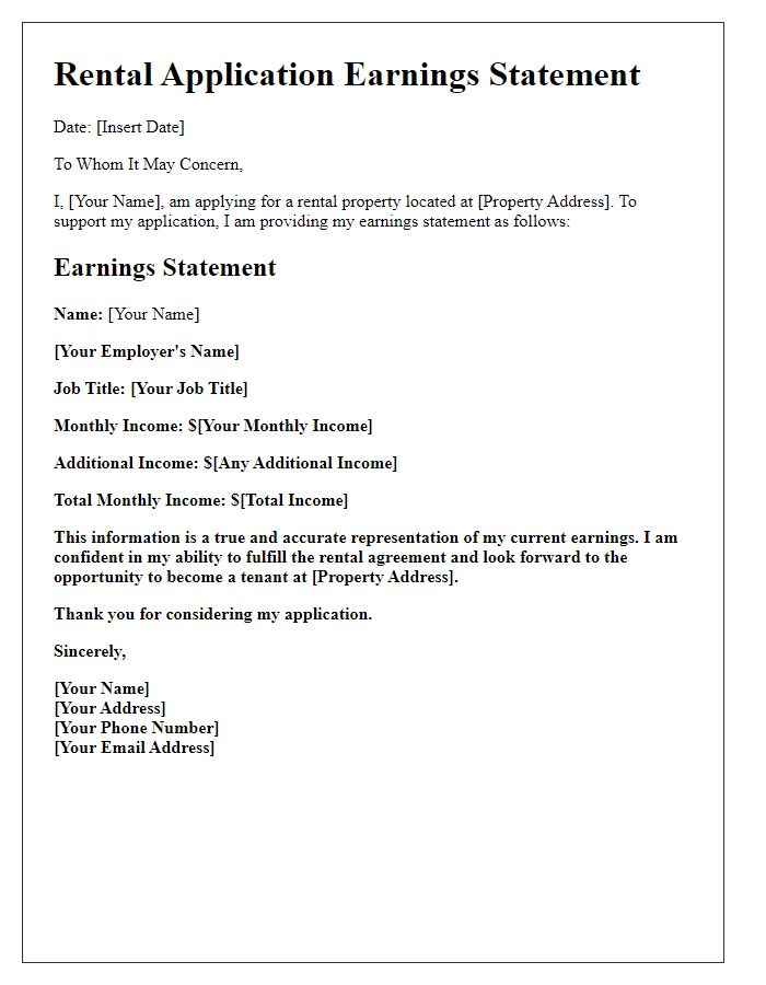 Letter template of rental application earnings statement