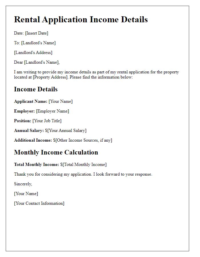 Letter template of rental application income details