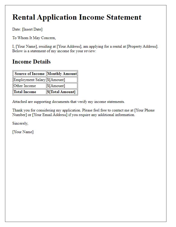 Letter template of rental application income statement