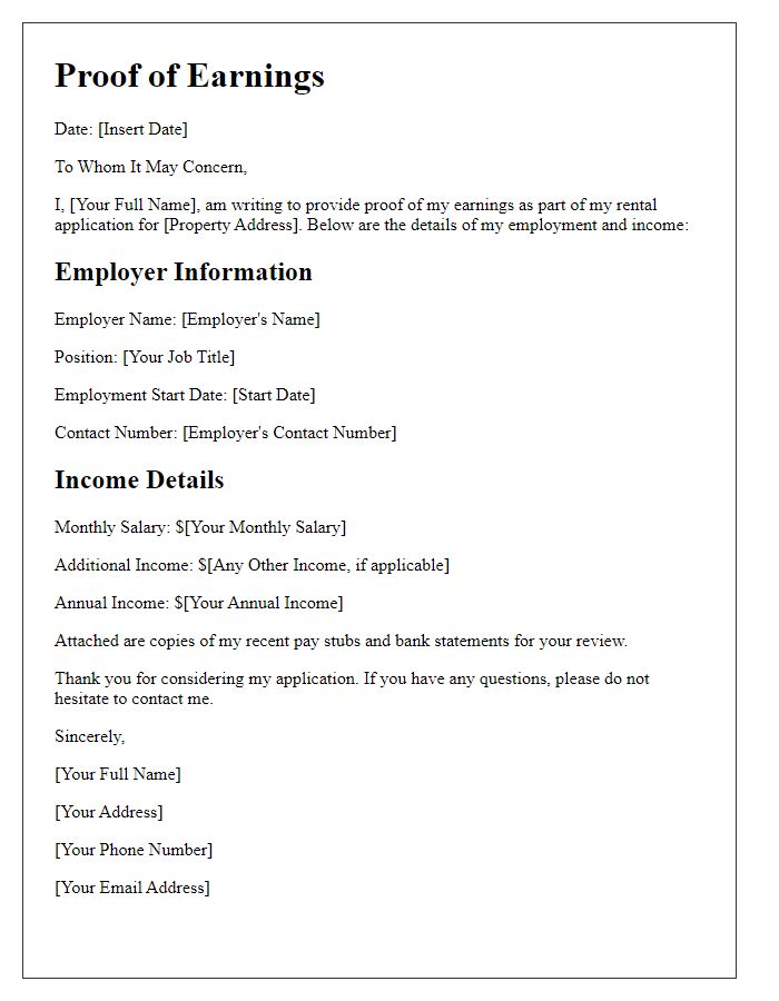 Letter template of rental application proof of earnings