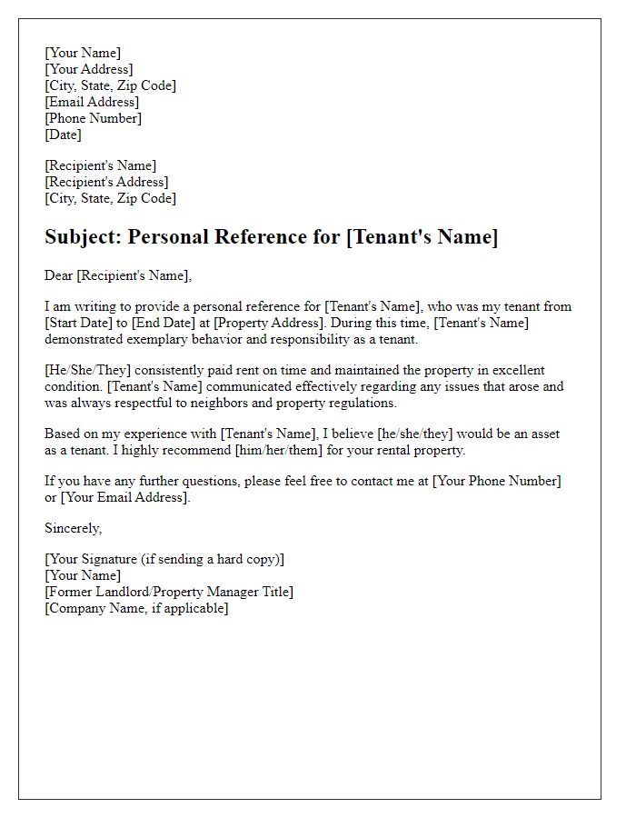 Letter template of personal reference for rental application from a former landlord.