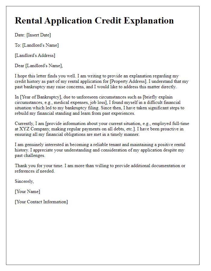 Letter template of rental application credit explanation for individuals recovering from bankruptcy.