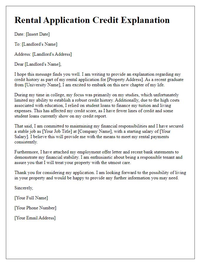 Letter template of rental application credit explanation for recent graduates.