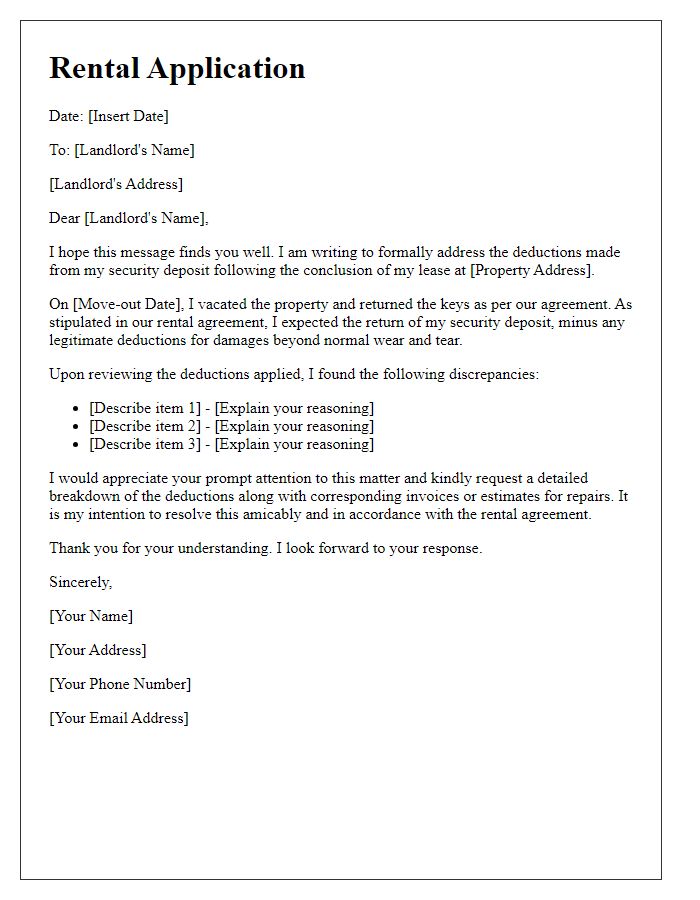 Letter template of rental application addressing security deposit deductions.