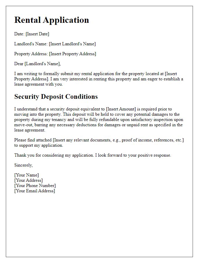 Letter template of rental application highlighting security deposit conditions.