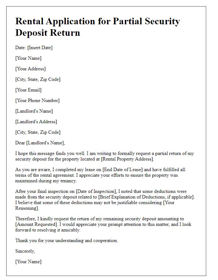 Letter template of rental application for partial security deposit return.