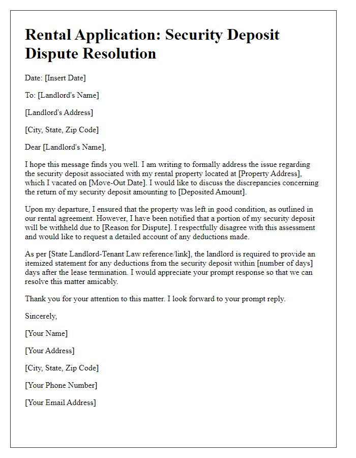 Letter template of rental application for security deposit dispute resolution.