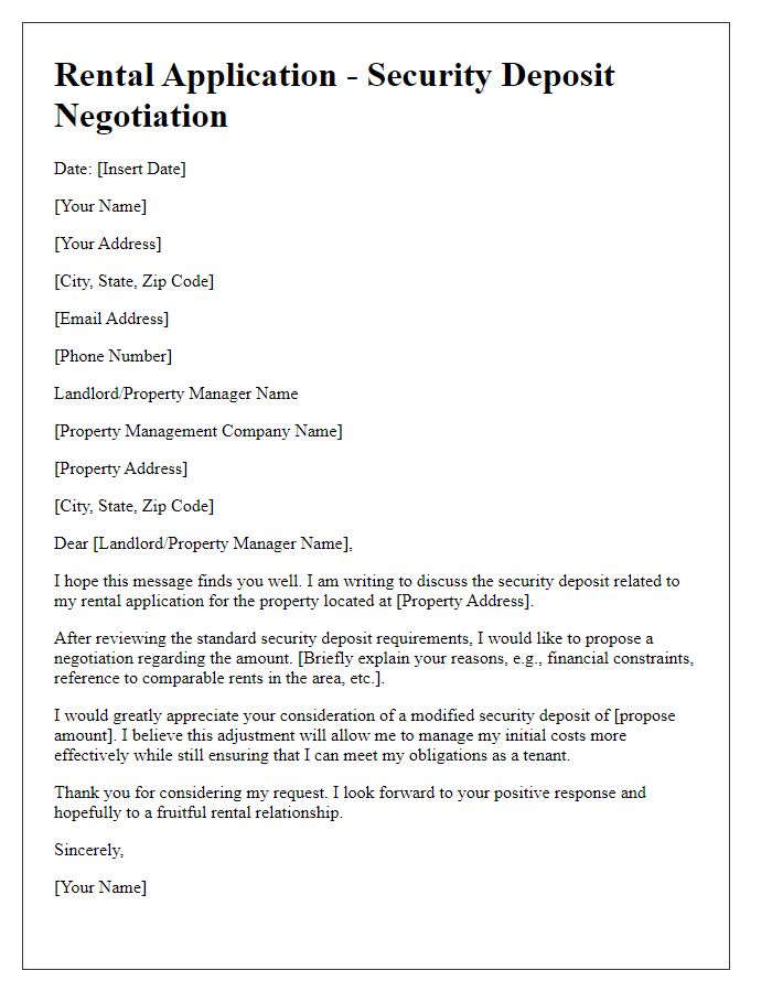 Letter template of rental application for security deposit negotiation.