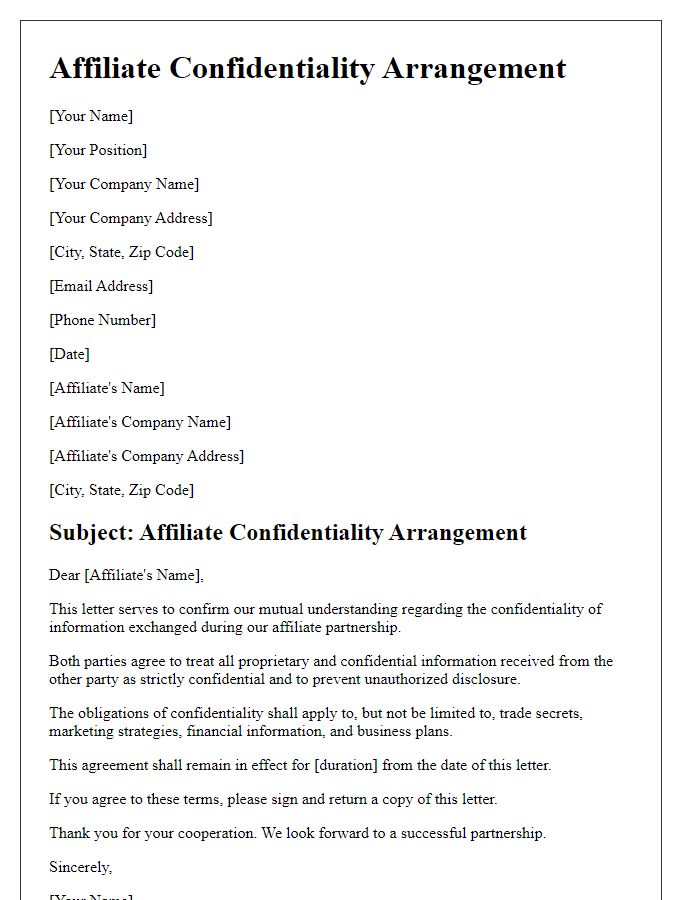 Letter template of affiliate confidentiality arrangement