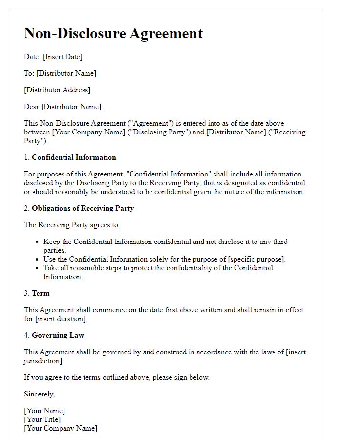 Letter template of distributor non-disclosure document