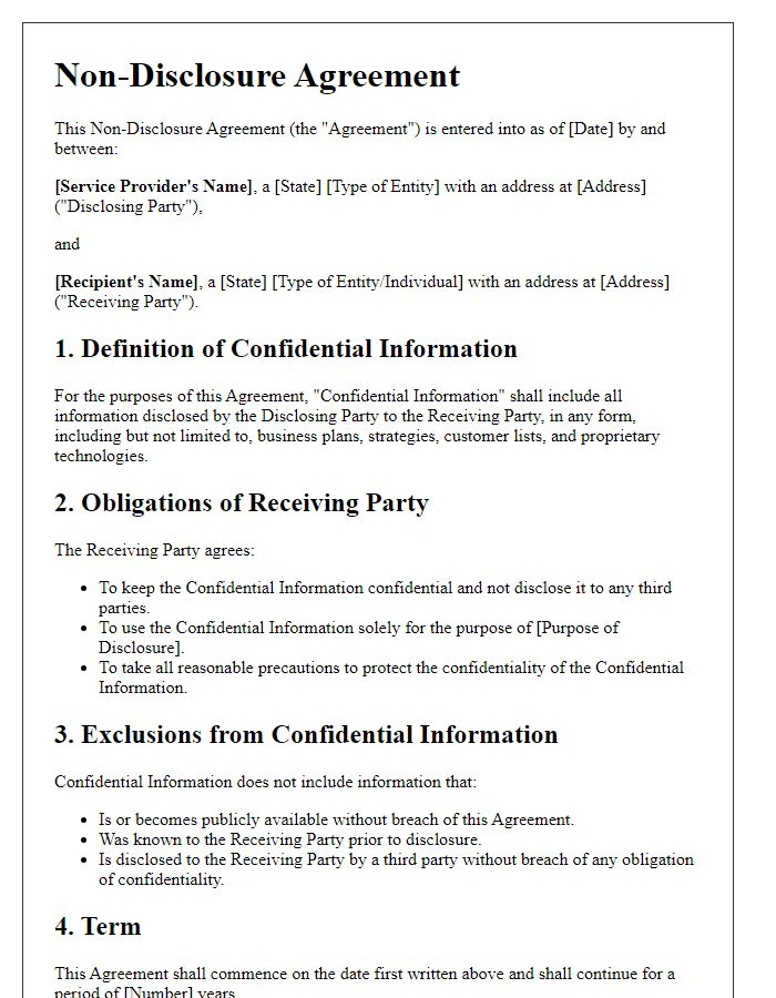 Letter template of service provider non-disclosure agreement