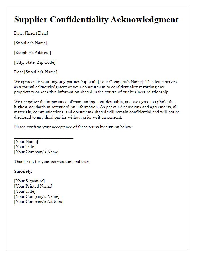 Letter template of supplier confidentiality acknowledgment