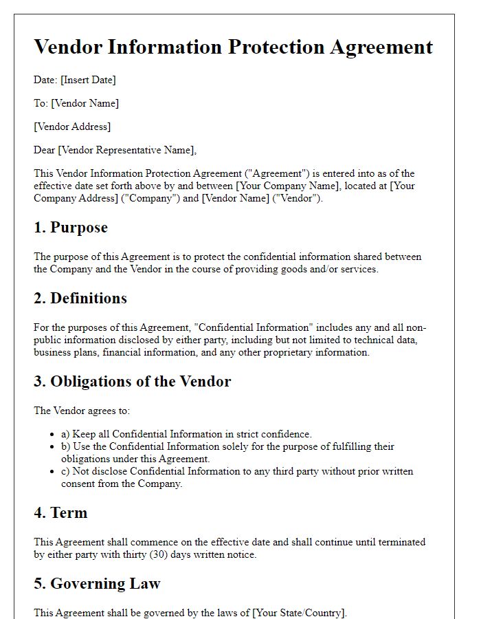 Letter template of vendor information protection agreement