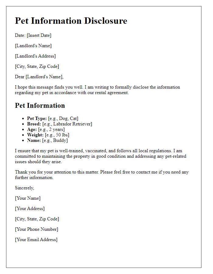 Letter template of pet information disclosure for landlord