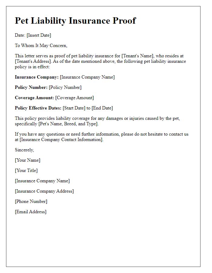 Letter template of pet liability insurance proof for lease