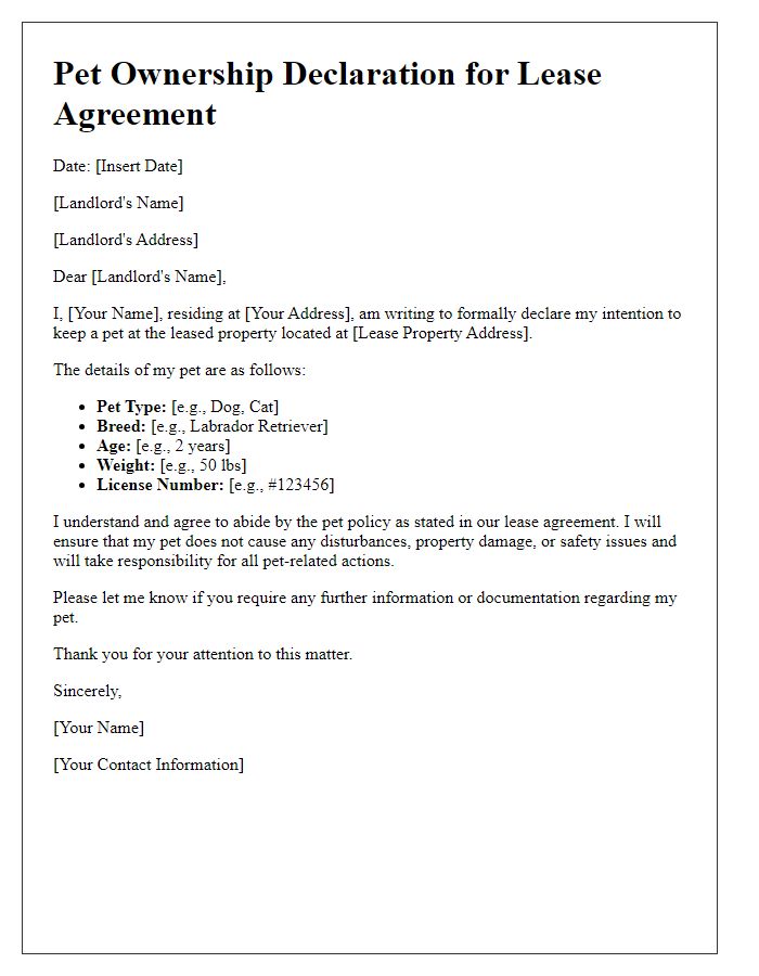 Letter template of pet ownership declaration for lease agreement