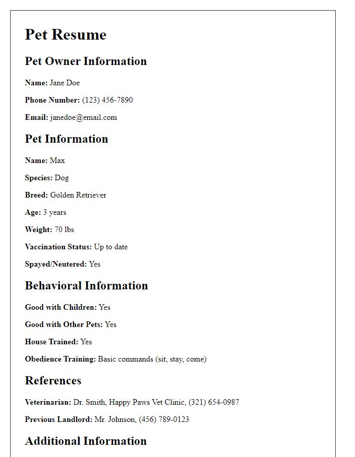 Letter template of pet resume for housing application