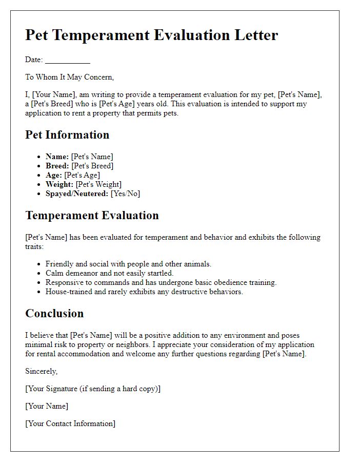 Letter template of pet temperament evaluation for applying to rent