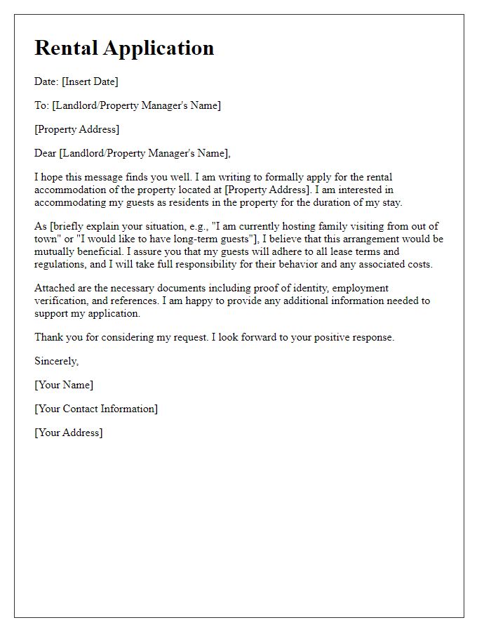 Letter template of rental application to accommodate guests as residents.