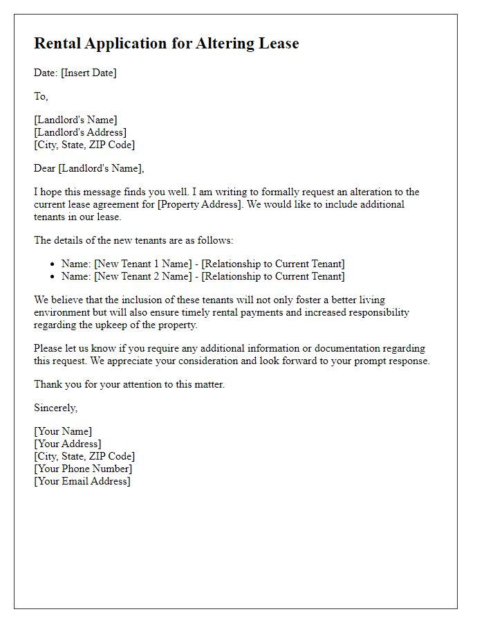 Letter template of rental application for altering lease to include new tenants.