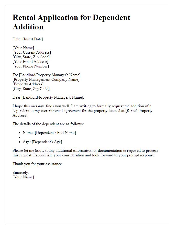 Letter template of rental application for dependent addition.