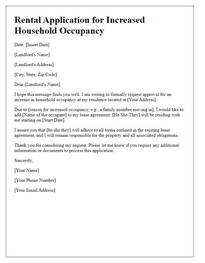 Letter template of rental application for increased household occupancy.