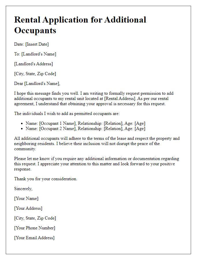 Letter template of rental application for permitted additional occupants.