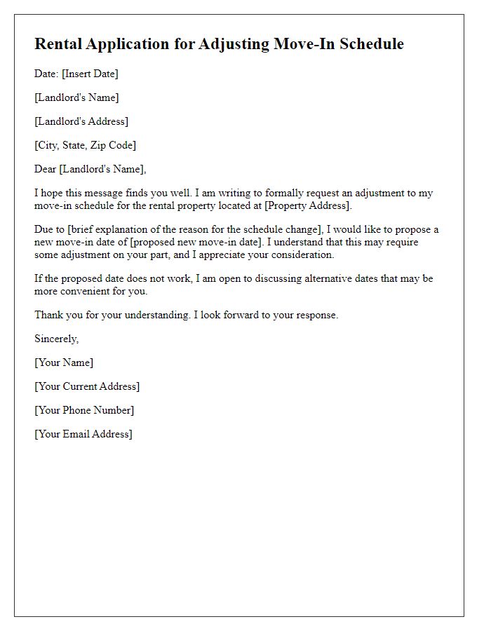 Letter template of rental application for adjusting move-in schedule