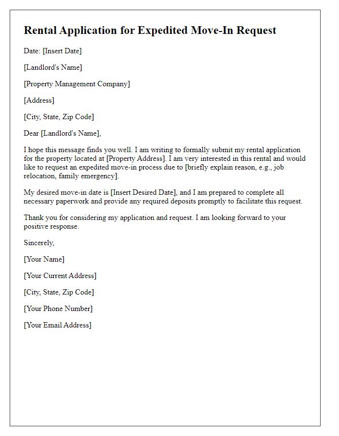 Letter template of rental application for expedited move-in request