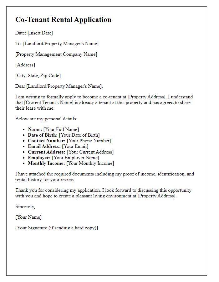 Letter template of co-tenant rental application