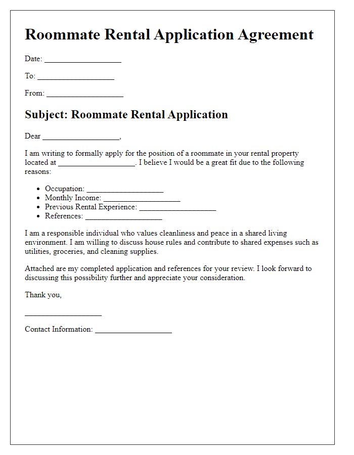 Letter template of roommate rental application agreement