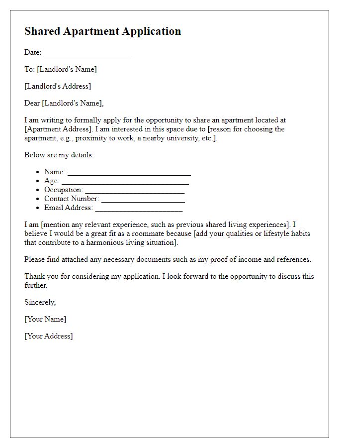 Letter template of shared apartment application form