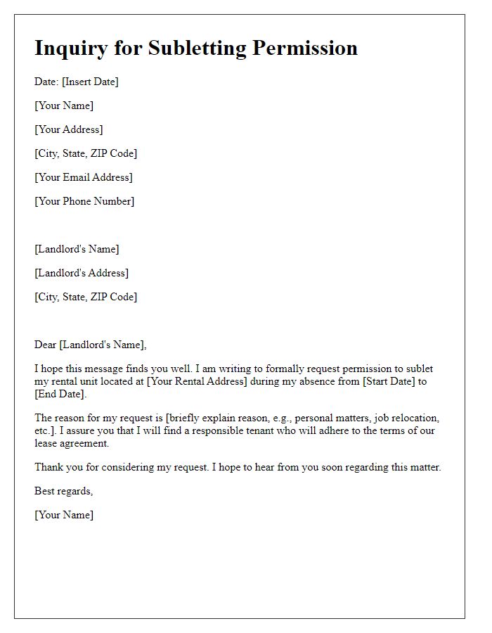 Letter template of inquiry for subletting permissions.