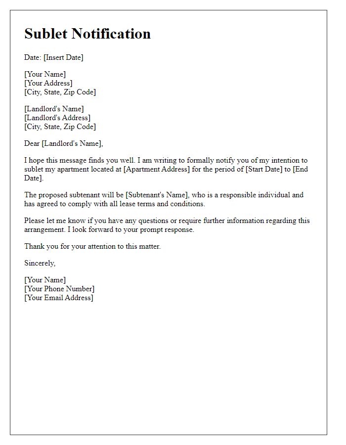 Letter template of notification for sublet arrangement.