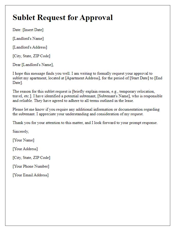 Letter template of sublet request for approval from landlord.