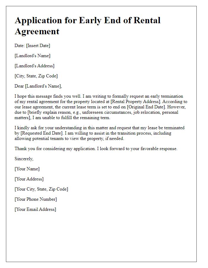 Letter template of application for early end of rental agreement