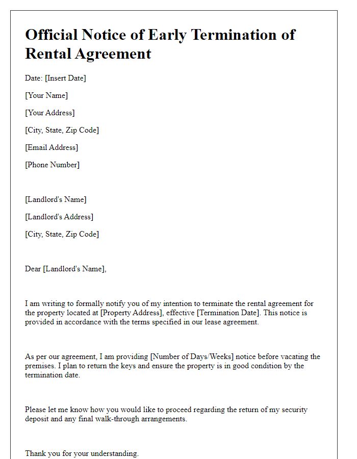 Letter template of official notice for early rental agreement termination