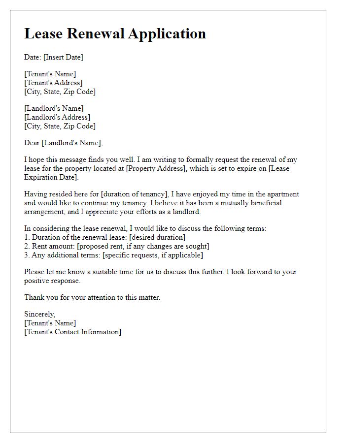 Letter template of lease renewal application for existing tenants.