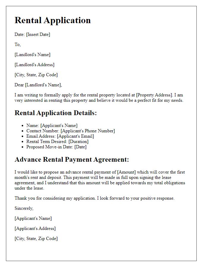 Letter template of rental application with advance rental payment agreement