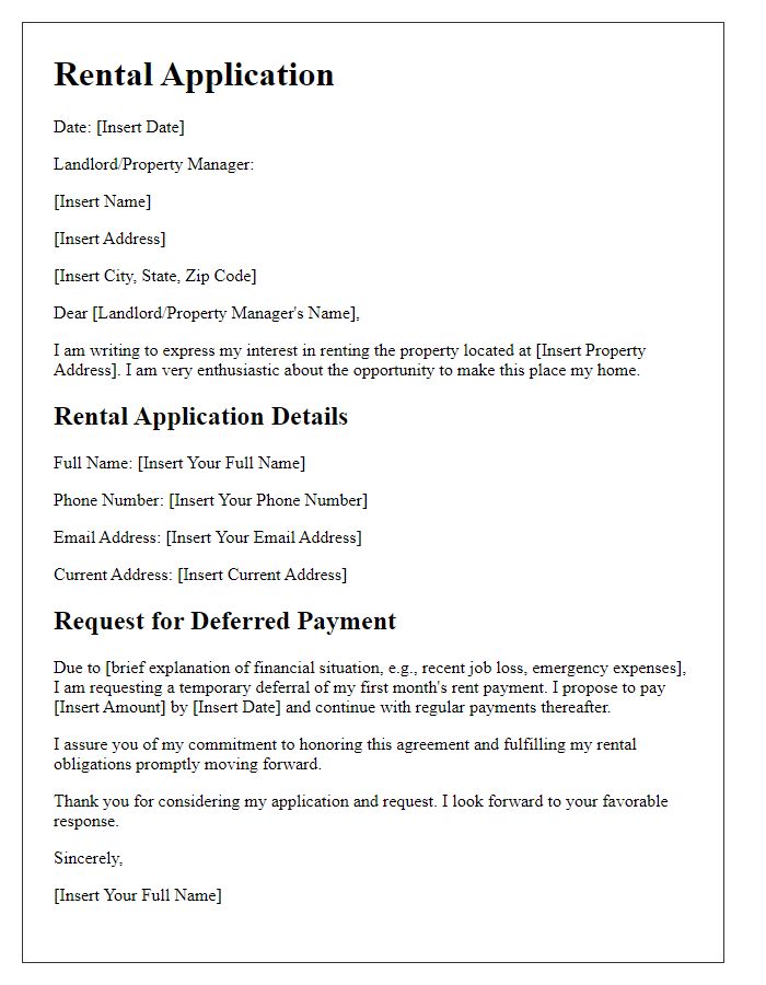 Letter template of rental application featuring deferred payment request