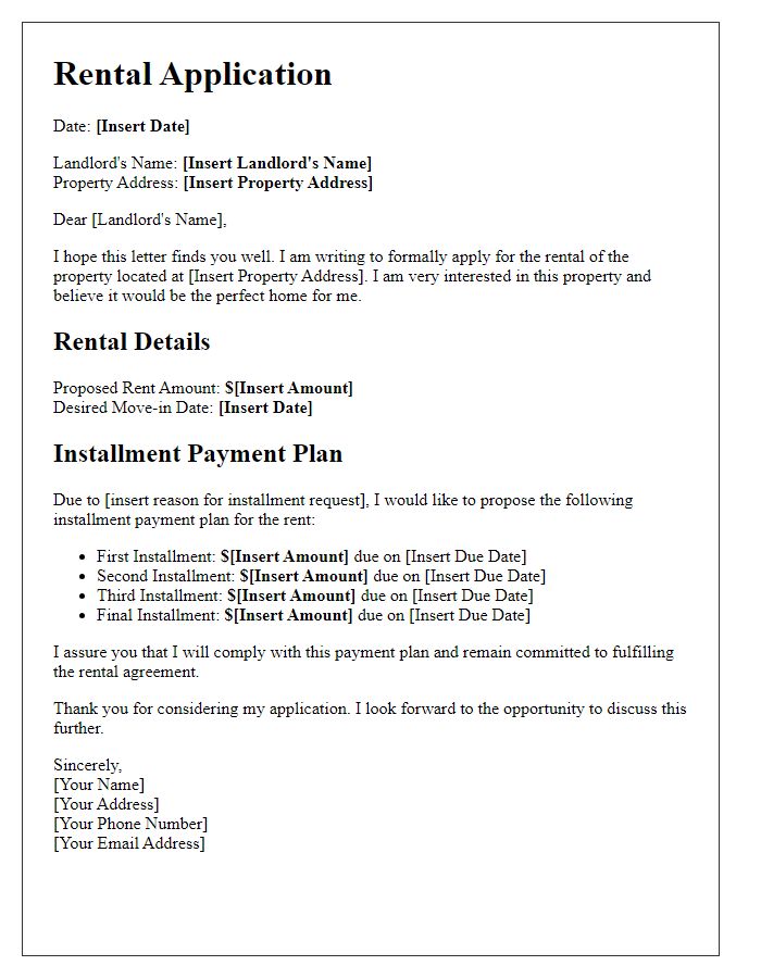 Letter template of rental application with installment payment plan