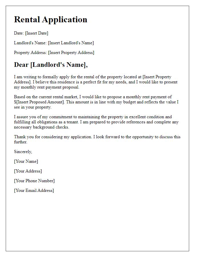 Letter template of rental application with monthly rent payment proposal