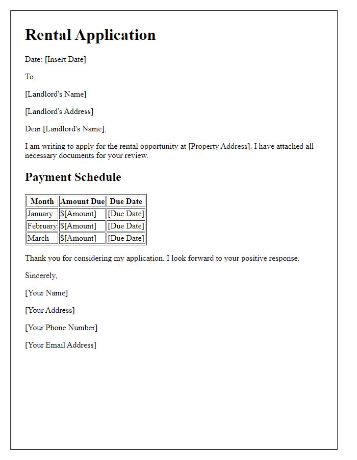 Letter template of rental application with outlined payment schedule