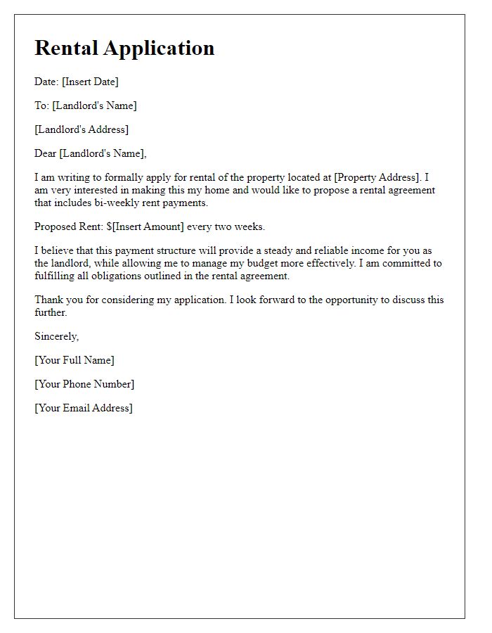 Letter template of rental application outlining bi-weekly rent payments