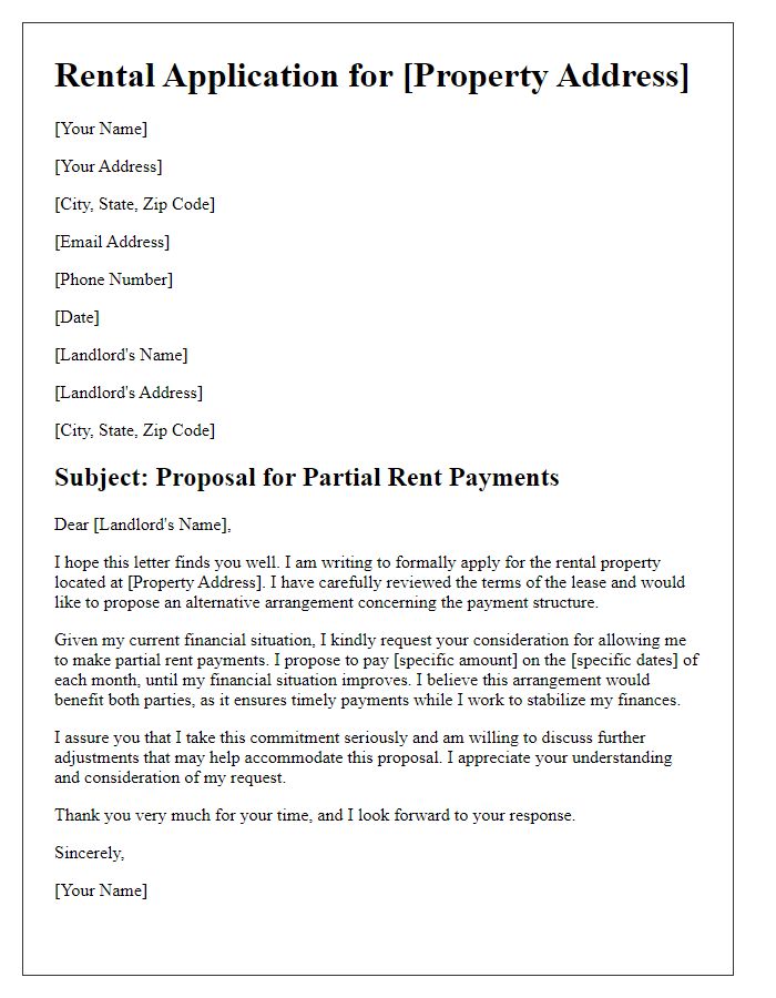 Letter template of rental application proposing partial rent payments