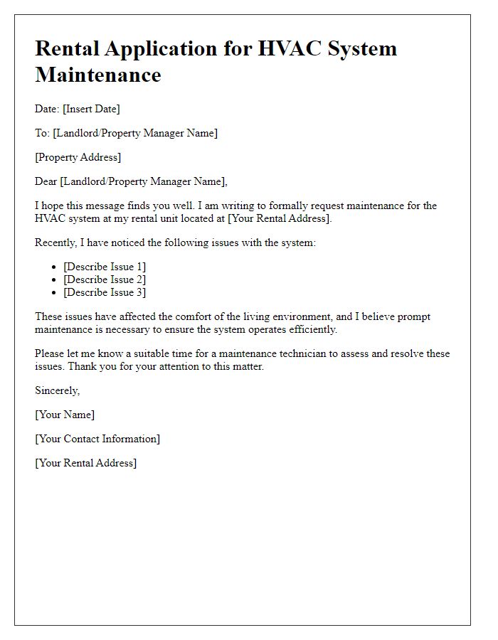 Letter template of rental application for HVAC system maintenance