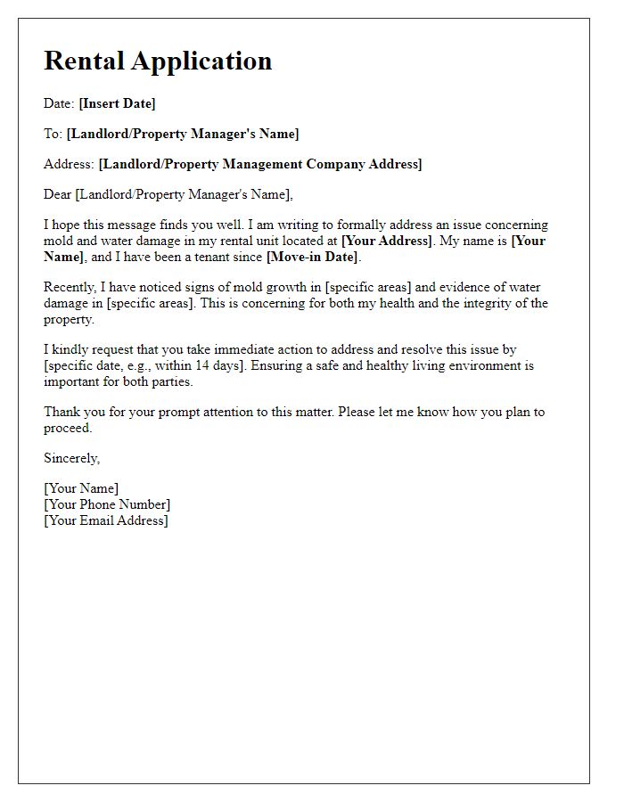 Letter template of rental application for mold or water damage issues